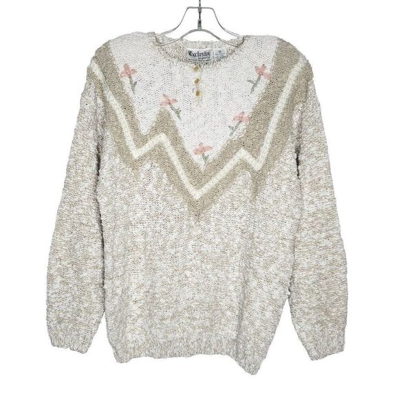 Vitnage 80s Popcorn Knit Sweater M White Floral Embroider Lace Pearl Romantic - Picture 1 of 6